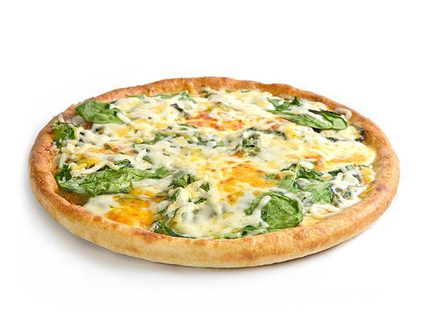 Spinach Special Pizza · Fresh spinach, blends of Parmesan, mozzarella, cheddar and Feta cheese, garlic butter, fresh garlic, eggs, herbs, and spices. 