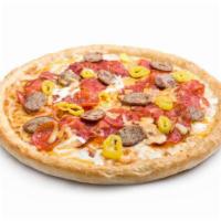 Primo Capicollo Pizza · Italian sausage, capicollo, pepperoni, roasted garlic, and hot banana peppers, loaded with c...