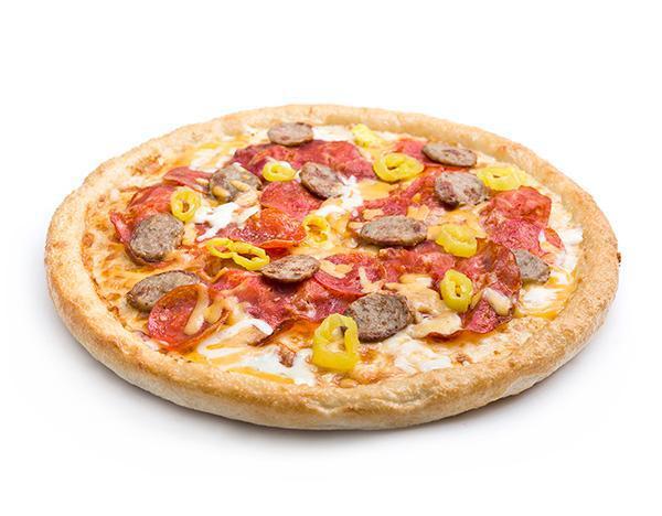 Primo Capicollo Pizza · Italian sausage, freshly sliced capicollo and pepperoni, freshly chopped garlic, hot banana peppers, melty cheddar and our signature gourmet cheese blend.