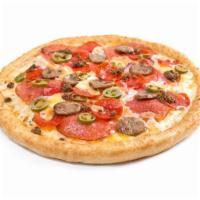 Midnight Express Pizza · Spicy ground beef, salami, pepperoni, spicy Italian sausage, jalapeno and red chili peppers ...