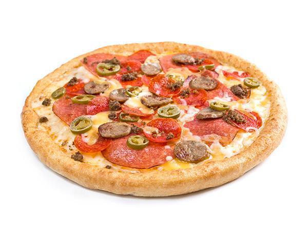 Midnight Express Pizza · Spicy ground beef, salami, pepperoni, spicy sausage, jalapeno and red chili peppers on a layer of pizza sauce, topped with mozzarella cheese. Includes one free dip.