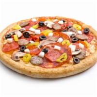 Sarpino's Classic Pizza · Pepperoni, fresh mushrooms, onions, hot banana peppers, black olives, Italian sausage and ca...