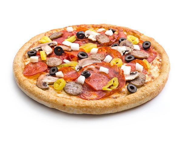 Sarpino's Classic Pizza · Homemade pizza sauce and loaded with freshly sliced pepperoni and capicollo, Italian sausage, fresh mushrooms, onions, hot banana peppers, black olives, and our signature gourmet cheese blend.