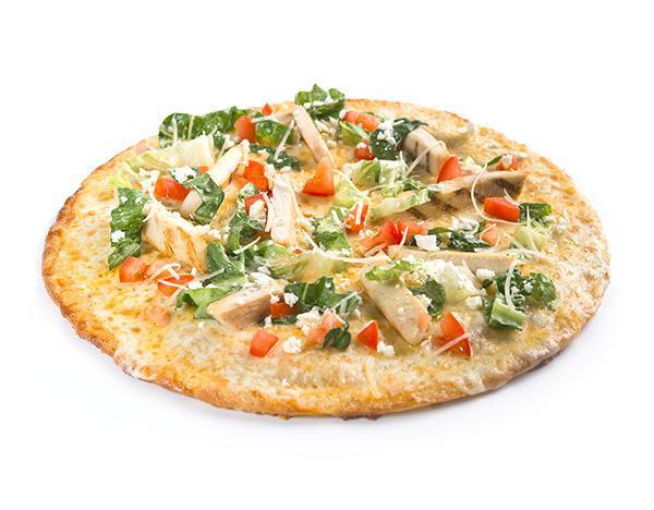 Sarpino's Thin Crust Lovers Pizza · Olive oil on thin crust topped with fresh tomatoes, grilled chicken and Sarpino's gourmet cheese blend baked in the oven, then loaded with Romaine lettuce, Caesar dressing, feta and Parmesan cheese.