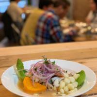 Fish  · Market fresh Peruvian classic ceviche with red onion and rocoto chili. Served with sweet pot...