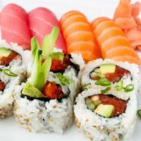 Sushi and Roll Combo · 4 pieces of sushi and a 6 piece roll. 1 side salad. 1 miso soup.