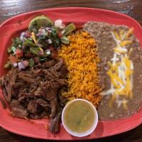 Barbacoa Platter · Beef brisket marinated in a special blend of spices. Served with rice, beans, onions, cilant...