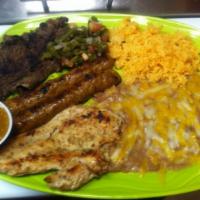 El Trio · Charcoal grilled thinly sliced steak, chicken and chorizo (Mexican sausage). Served with sal...