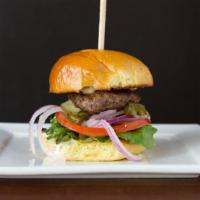 Old School Slider · Niman Ranch all-natural beef patty, lettuce, tomatoes, red onions, house made pickles and ma...