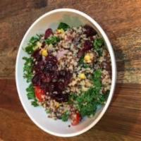 Quinoa Kale Salad · Red & white quinoa, kale, sweet corn, garbanzo beans, cranberries, cherry tomatoes with zest...