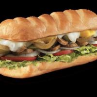 Veggie with Mushroom Sub · Onions, bell pepper and mushrooms topped with provolone, Monterey Jack and cheddar cheese an...