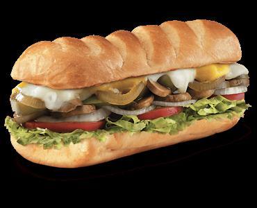 Veggie with Mushroom Sub · Onions, bell pepper and mushrooms topped with provolone, Monterey Jack and cheddar cheese and Italian dressing, served fully involved.