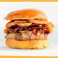 Wrangler · all-natural bison, organic cheddar, smoked bacon, truffle frizzled onions, organic wild mush...