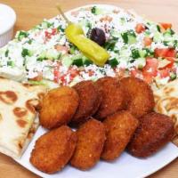 Falafel Plate · Served with 8 pieces of falafel, Greek salad, hot pita and hummus dip with tzatziki, vinaigr...