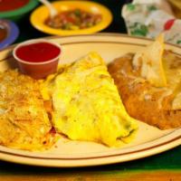 Create Your 2 Egg Omelette · Served with cheese. Served with hash browns and refried beans.