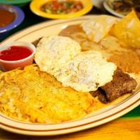 Sirloin Steak and Eggs · 8 oz. sirloin steak topped with long green chile, tomato and onion. 2 eggs (any style) serve...