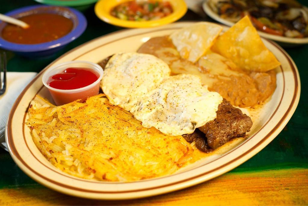 Sirloin Steak and Eggs · 8 oz. sirloin steak topped with long green chile, tomato and onion. 2 eggs (any style) served with hash browns and refried beans.