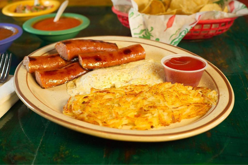 Smoked Sausage with Eggs · 2 eggs (any style) served with smoked sausage and side hash brown. Choice of tortillas or toast