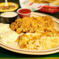 Chicken Fried Steak · 8oz Chicken Fried Steak and two eggs (any style) served with hash browns and white gravy on ...