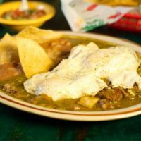 Costillas en Chile Verde · Flanking ribs with green chile, served with two eggs (any style) and refried beans. Choice o...