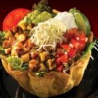 Tostada Salad · Your choice of protein in tortilla shell filled with romaine, choice of beans, guacamole, ch...