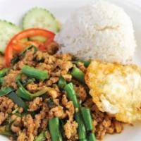 49. Chicken Mint Leaves Over Rice · Steamed rice with spicy ground chicken stir-fried with garlic, chili, green bean and basil l...