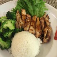 51. Chicken Teriyaki · Grilled chicken topped with teriyaki sauce. Served with steamed rice and steamed broccoli.