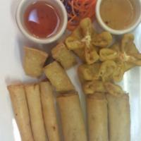 I11. Thai Taste Sampler · 3 shrimp rolls, 3 fried tofu, 3 fried eggrolls and 3 fried crab Rangoons.