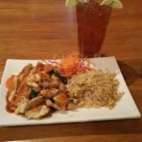 R8. Fried Rice Teriyaki · Grilled choice of meat then topped with Japanese style teriyaki sauce base with steamed vege...