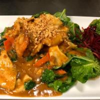 Rama · Sauteed chicken and shrimp with peanut sauce over sautéed mixed vegetable.
