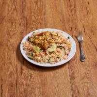 House Special Fried Rice with Pork · Fried rice with shrimp, crab meat, and pork inside and fried quarter chicken on top