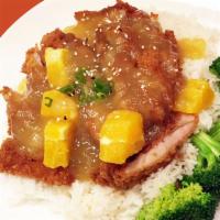Orange Chicken · Crispy chicken, broccoli and orange sauce on the side. Served with choice of rice.