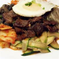 Korean Bibimbap · Meat, fried egg, veggies, kimchi and Korean sauce. Served with choice of rice.