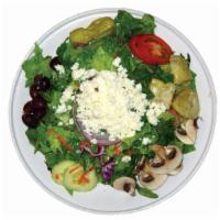 Greek Salad · House-made garden salad with Kalamata, pepperoncini, feta and artichoke hearts.