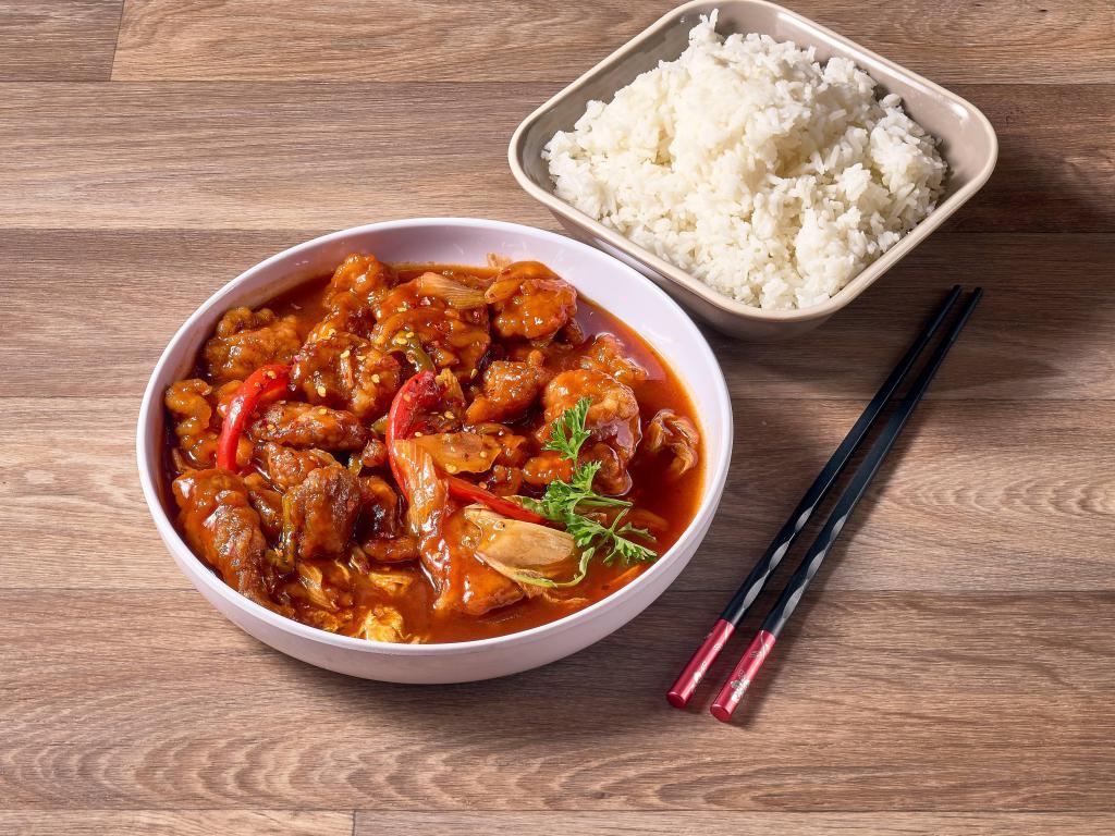 Honey Vinegar Pork · Tender pork, bell peppers and onions with a sweet and tangy sauce