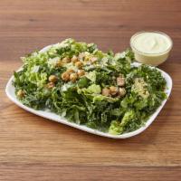 Caesar Salad · Romaine, Caesar dressing, kale, crunchy chick peas and cashew Parmesan.