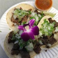 Mexico City Tacos (3) · Set of three tacos, your choice of chicken, steak, carnitas or al pastor, can get different ...