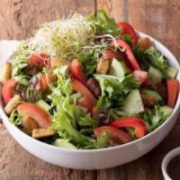 House Salad · Garden salad mix with tomato, cucumber, red bell pepper, clover sprouts, and topped with fre...