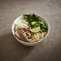 Sliced Steak Pho · Sliced steak, onions and cilantro in beef broth. Served with a side of bean sprouts, basil, ...