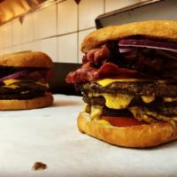 WTF 1 lb. Triple CheeseBurger · 3-1/3 lb. black Angus patties, lettuce, tomatoes, pickles, onions, and sauce.