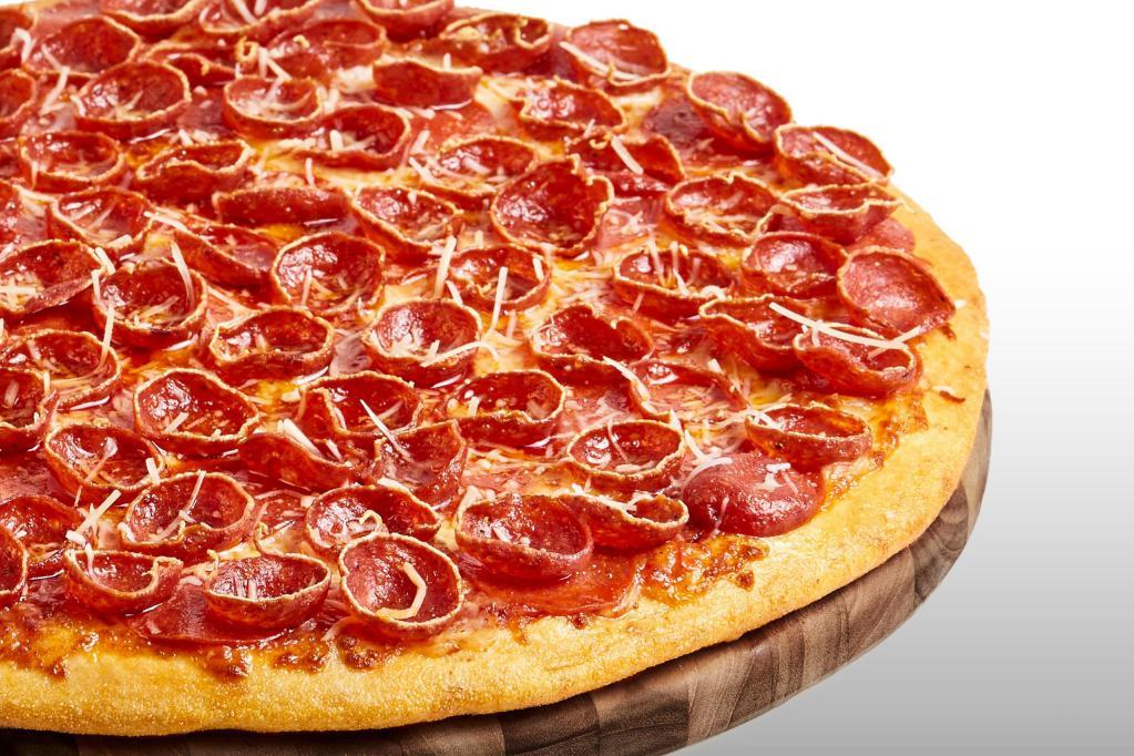 Gluten Free Cup and Crisp Pepperoni Duo Pizza · Signature Red Tomato Sauce on our Original Crust, topped with Mozzarella Cheese, Pepperoni, Cup and Crisp Pepperoni, and Italian 3 Cheese Blend of Parmesan, Asiago, and Romano.
