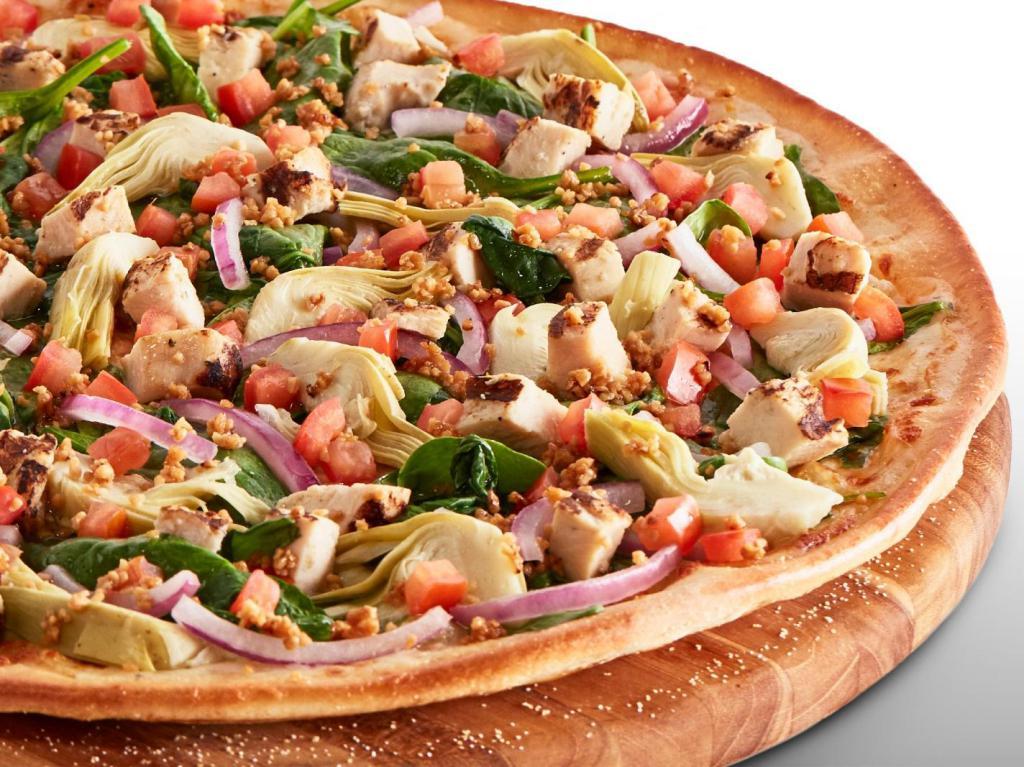 Spinach Garlic Chicken Pizza · Signature garlic white sauce on our Tuscany crust, topped with mozzarella cheese, baby spinach, all-natural grilled chicken, marinated artichoke hearts, red onions, cooked diced tomatoes and chopped fresh garlic.