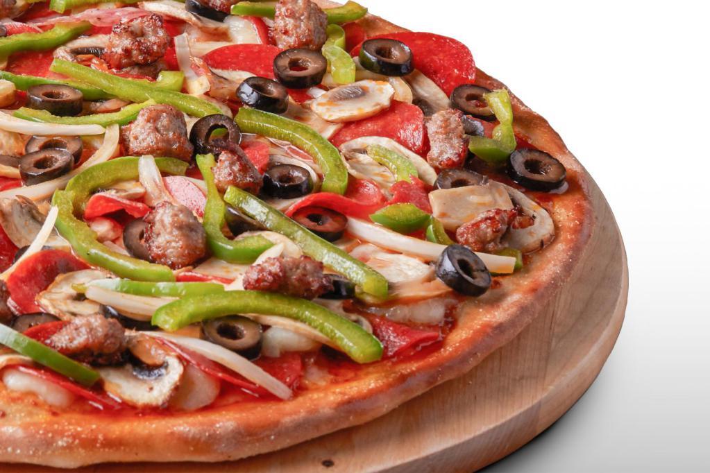 Pizza Guys Combo · Original crust, red tomato sauce, salsami, pepperoni, mushrooms, green peppers, yellow onions, black olives, beef, Italian sausage and mozzarella.