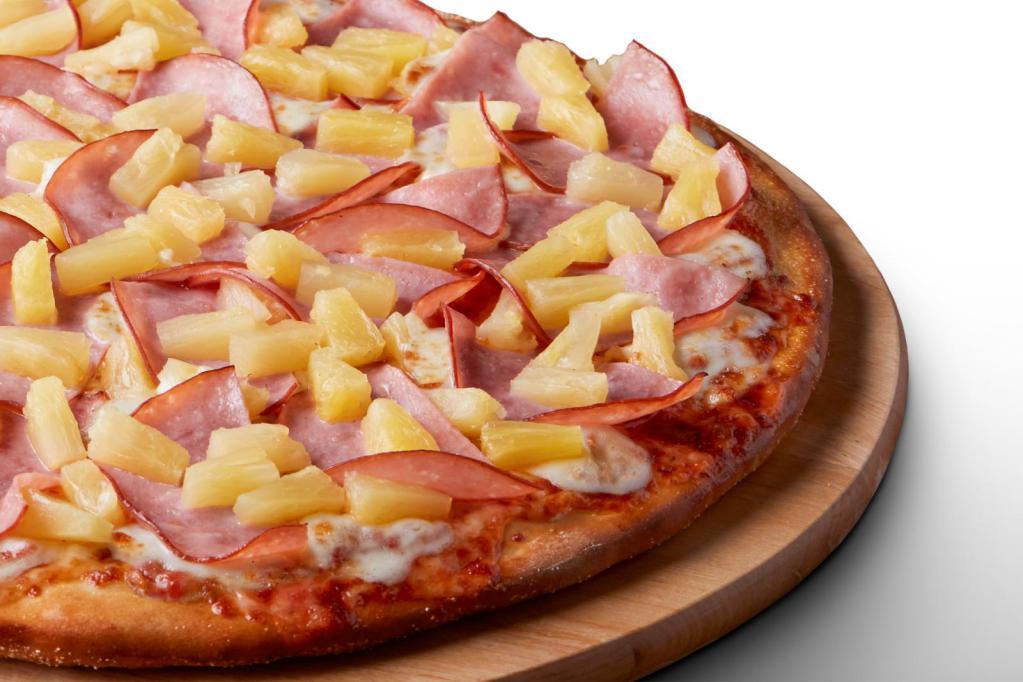 Hawaiian Delight Pizza · Signature red tomato sauce on our original crust, topped with extra mozzarella cheese, Canadian bacon, and juicy pineapple chunks.
