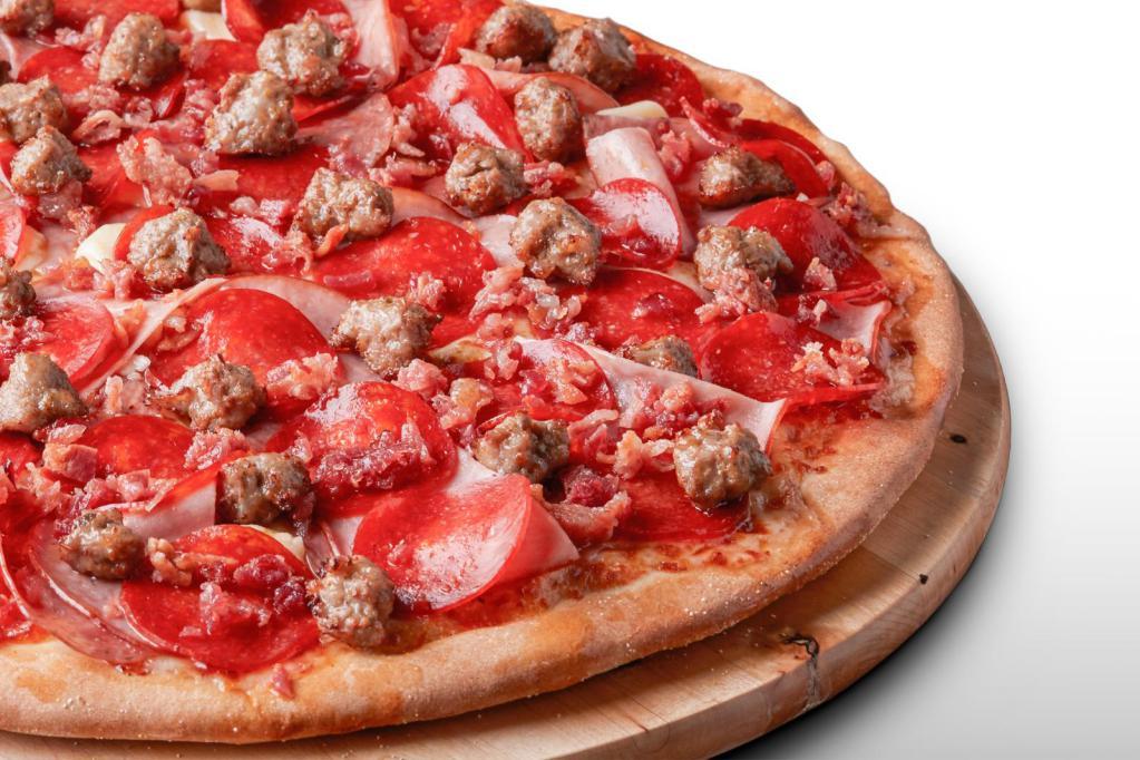 All Meat Pizza · Signature Red Tomato Sauce on our Original Crust, topped with Mozzarella Cheese, Pepperoni, Salami, Canadian Bacon, Smoked Bacon, and Italian Sausage.