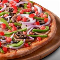Gluten-Free Classic Vegetarian Pizza · Signature red tomato sauce topped with mozzarella cheese, mushrooms, red onions, green peppe...