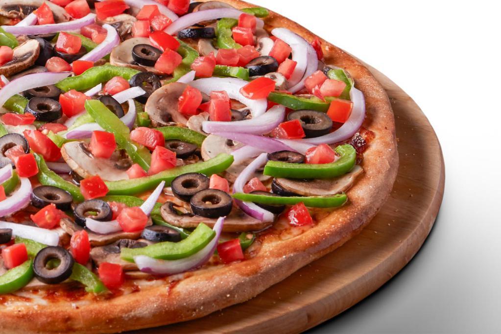 Classic Vegetarian Gluten Free Pizza · Signature Red Tomato Sauce on our Gluten Free Crust, topped with Mozzarella Cheese, Mushrooms, Red Onions, Green Peppers, Black Olives, Fresh Roma Tomatoes, Salt, and Pepper.
