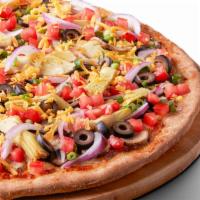 Artichoke Fiesta Pizza · Original crust, creamy garlic sauce, mushrooms, red onions, green onions, black olives, arti...