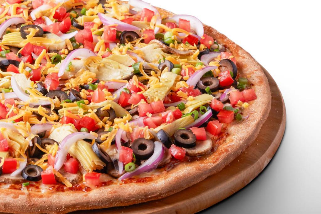 Gluten-Free Artichoke Fiesta Pizza · Signature garlic white sauce topped with mozzarella, parmesan, and cheddar cheeses, marinated artichoke hearts, fresh Roma tomatoes, mushrooms, red onions, green onions, and black olives.