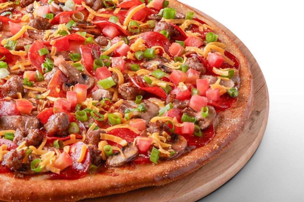 Garlic Lovers Pizza · Signature garlic white sauce on our original crust, topped with mozzarella, Parmesan and cheddar cheeses, pepperoni, Italian sausage, mushrooms, chopped garlic, green onions and fresh Roma tomatoes.